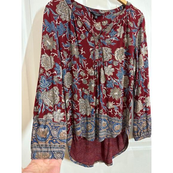 Lucky Brand Women L Boho Long Sleeve Hi/Low Border Print Tunic Blouse Casual - Picture 3 of 7